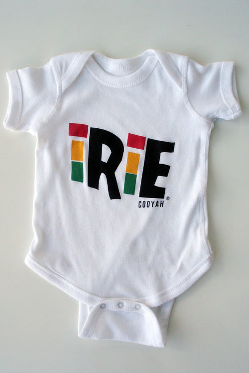 Cooyah Clothing. Irie Reggae baby onesie. Screen printed design in rasta colors. Soft, ringspun, clothing