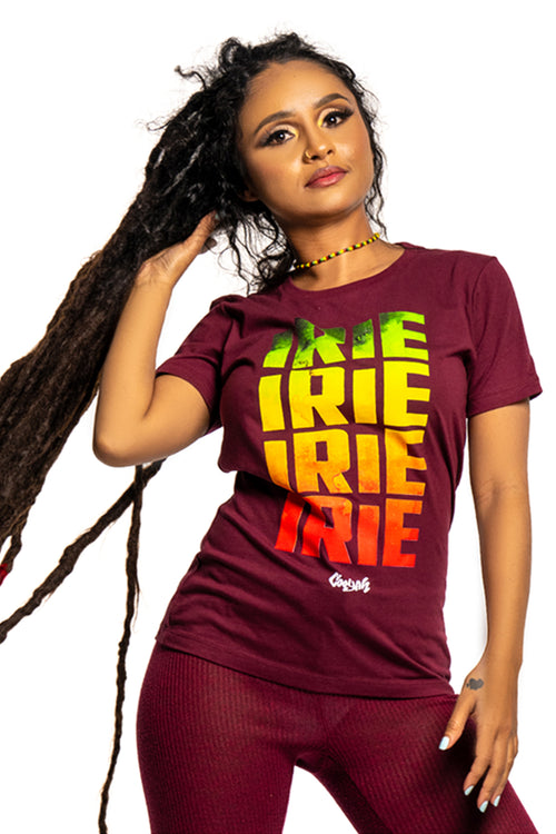 Cooyah Clothing. Women's Jamaican Irie short sleeve graphic tee in maroon. Screen printed in reggae colors. We are a Jamaican owned clothing brand established in 1987.