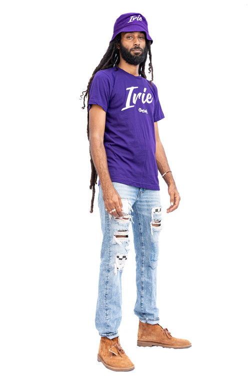 Cooyah Jamaica Irie Yard graphic tee in purple. Men's crew neck, short sleeve t-shirt. Jamaican clothing brand.