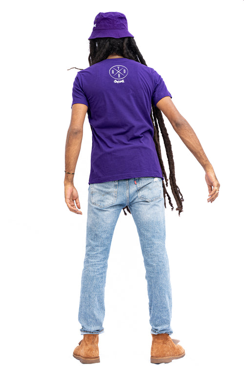 Cooyah Clothing Brand. Men's Purple irie tee and bucket hat. Jamaican streetwear apparel.
