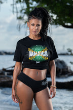 Cooyah Jamaica women's t-shirt in black. Crew neck, ringspun Jamaican Flag tee. Caribbean clothing brand. IRIE Beachwear.