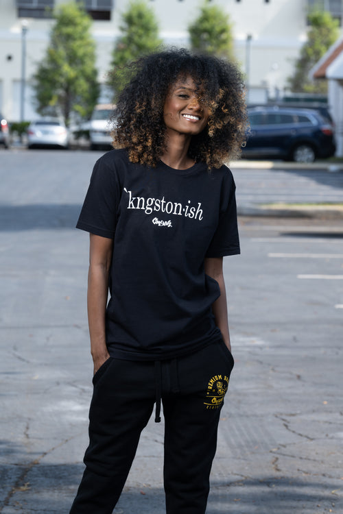 Cooyah Clothing. Kingstonish graphic tee. Women's black t-shirt. Kingston, Jamaica.  As a Jamaican owned clothing brand since 1987, we take pride in bringing you this classic piece. Don't wait, get yours now!