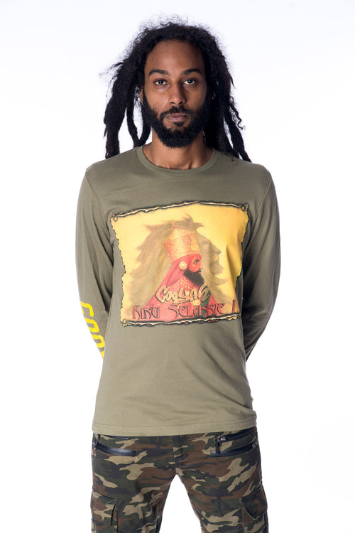 COOYAH. Men's Haile Selassie Lion long sleeve graphic tee in army green. Hand-printed vintage design.  As a Jamaican owned clothing brand since 1987, we take pride in bringing you this classic shirt.