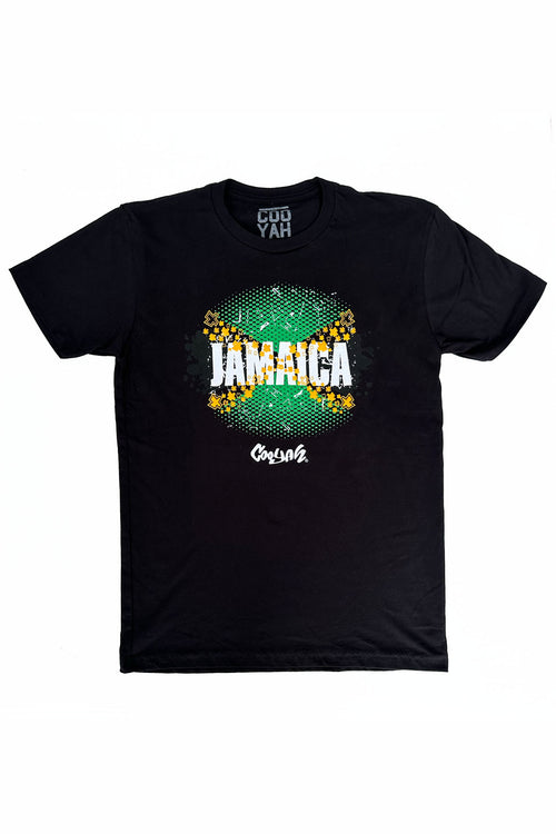 Cooyah Jamaica graphic tee in black.  Jamaican flag design on a short sleeve black graphic tee.  As a Jamaican owned clothing brand since 1987, we take pride in bringing you this classic piece.
