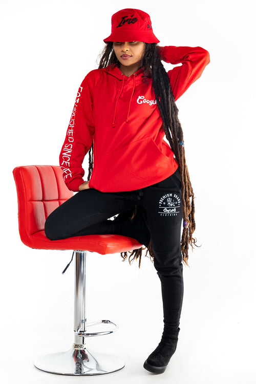 Cooyah Ladies Red Blessed Hoodie with Rasta Lion back graphic. IRIE