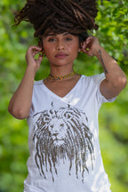 Cooyah Jamaica. Women's v-neck Rasta Dread Lion Tee in white. Ringspun cotton. Jamaican clothing brand.