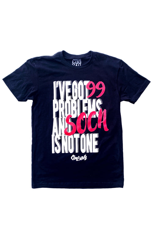 Cooyah Jamaica. I've Got 99 Problems and Soca is Not One. Men's Ringspun cotton, short sleeve graphic tee in black. Jamaican clothing brand.