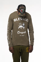 Cooyah Jamaica - Men's Blessed long sleeve t-shirt with Lion of Judah graphic in olive green.