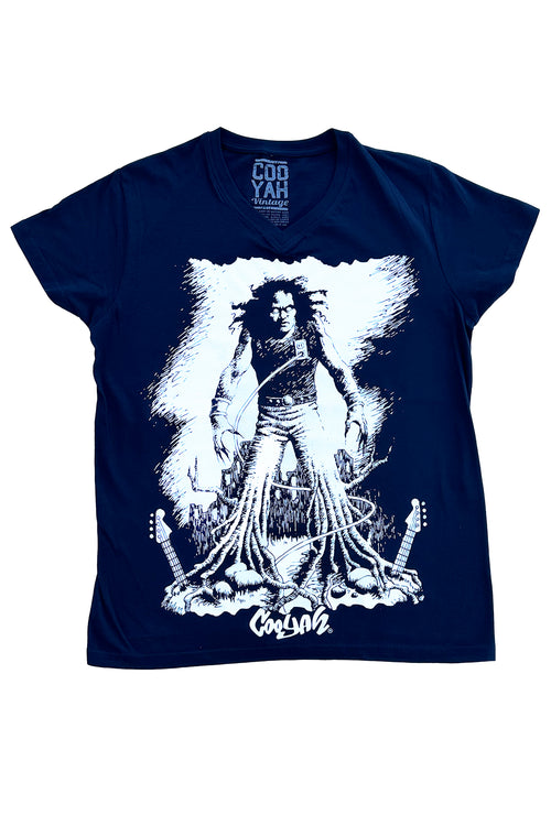 Cooyah Jamaica - Men's Electric Dred graphic tee in navy blue.  As a Jamaican owned clothing brand since 1987, we take pride in bringing you this classic piece.