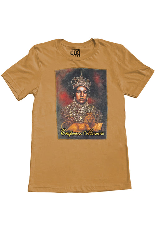 Cooyah Jamaica. Empress Menen short sleeve graphic tee on a brown shirt. Rasta Rootswear clothing.  Rastafari