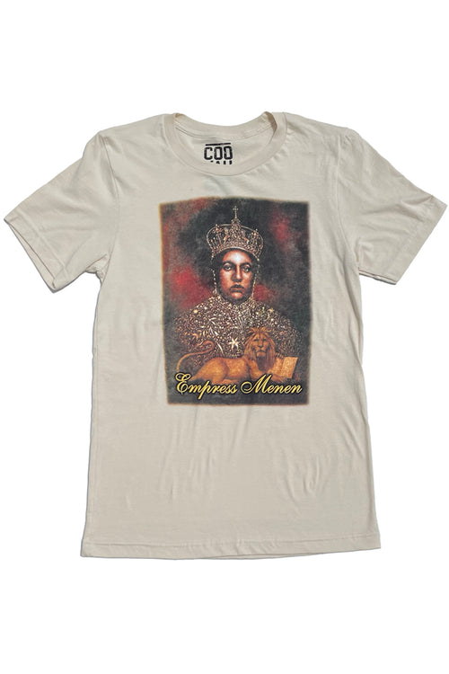 Cooyah Jamaica.  Empress Menen short sleeve graphic tee on a cream colored shirt.  Rasta Rootswear clothing since 1987.  Rastafari