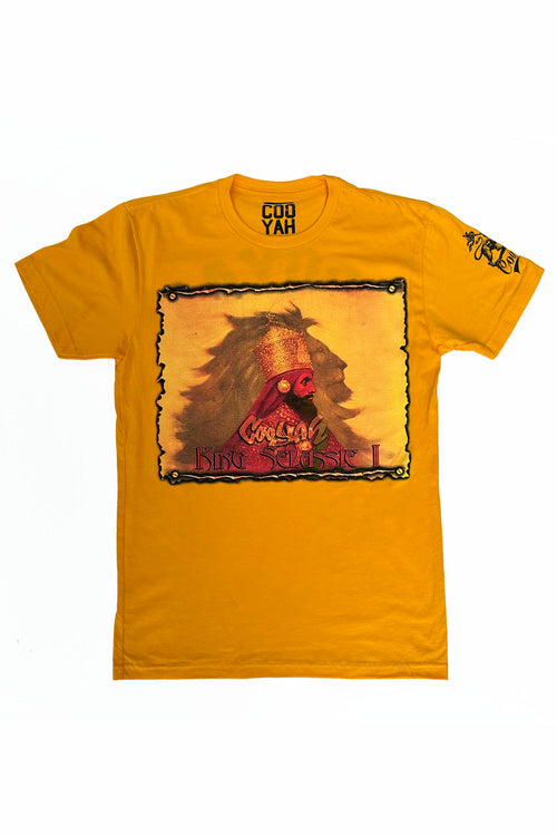Cooyah Clothing. Haile Selassie Rastafari Lion graphic tee in gold. Crew neck, short sleeve, soft, ringspun cotton. Rasta