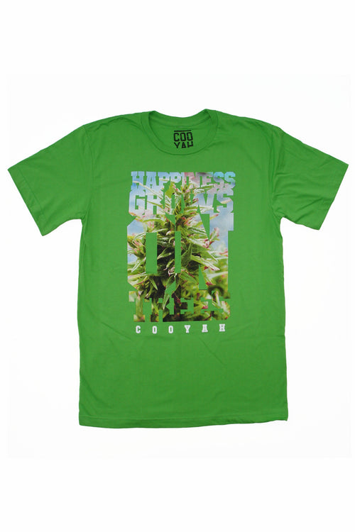 Cooyah Jamaica Happiness Grows on Trees Cannabis Tee in green.  Jamaican streetwear clothing