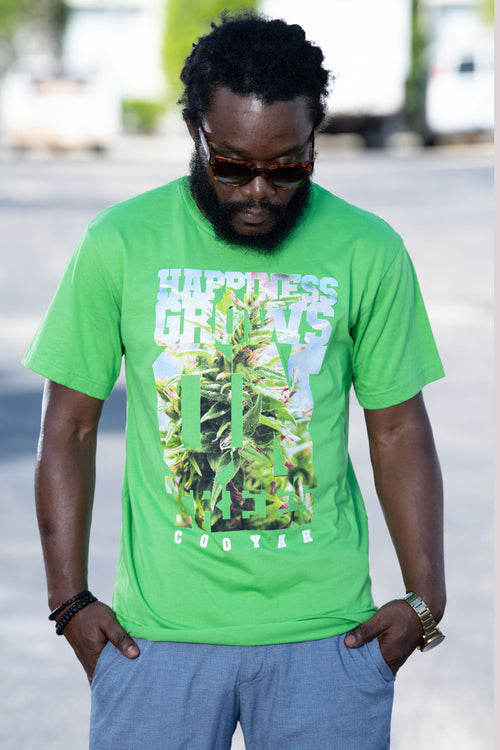 Cooyah Jamaica Happiness Grows on Trees Cannabis Tee in green.  Jamaican streetwear clothing