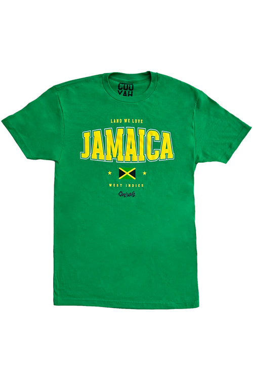 Cooyah Clothing. Jamaica Land We Love graphic tee in green. Men's crew neck, short sleeve, ringspun cotton. Jamaican streetwear brand. IRIE