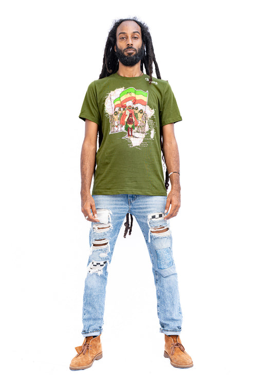 Cooyah Jamaica, Vintage men's short sleeve graphic tee with Haile Selassie graphic and Ethiopian Flag design. Jamaican streetwear clothing. Rasta
