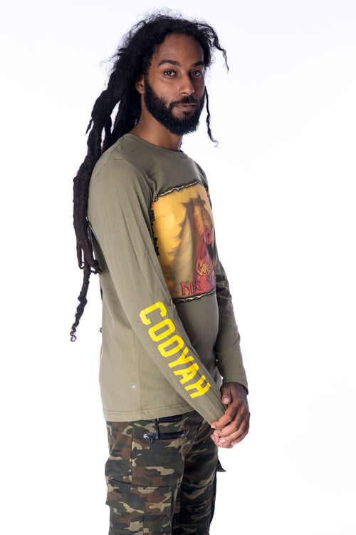 COOYAH. Men's Haile Selassie Lion long sleeve graphic tee in army green. Hand-printed vintage design.  As a Jamaican owned clothing brand since 1987, we take pride in bringing you this classic shirt.