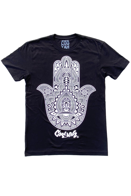 COOYAH CLOTHING - MEN'S SHORT SLEEVE HAMSA GRAPHIC TEE WITH CREWNECK COLLAR.  SCREEN PRINTED ON SOFT 100% RINGSPUN COTTON.