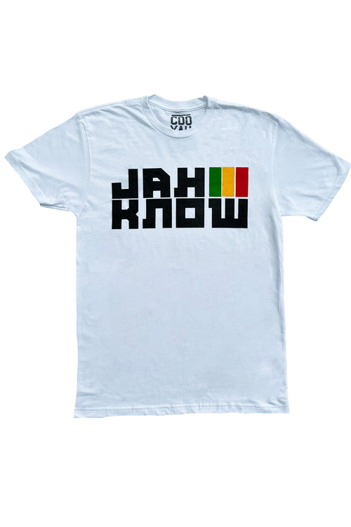 Cooyah Jah Know men's t-shirt in white.  Ringspun cotton, screen printed in reggae colors.  As a Jamaican owned clothing brand since 1987, we take pride in bringing you this classic piece.