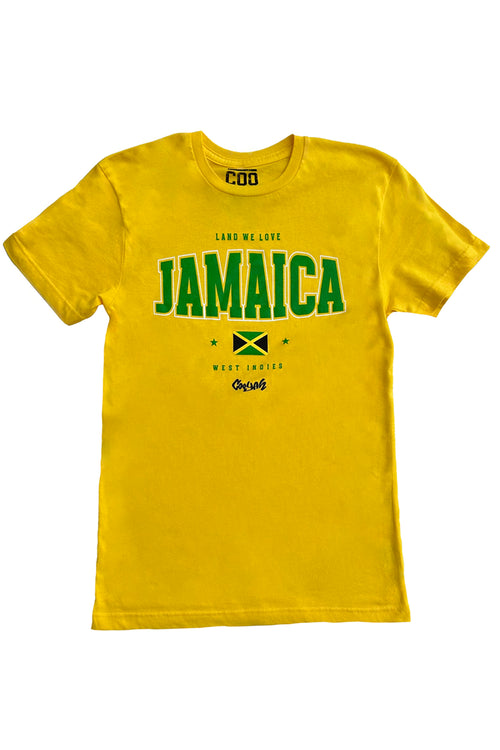 Cooyah Clothing. Jamaica Land We Love graphic tee in yellow. Men's crew neck, short sleeve, ringspun cotton. Jamaican streetwear brand. IRIE