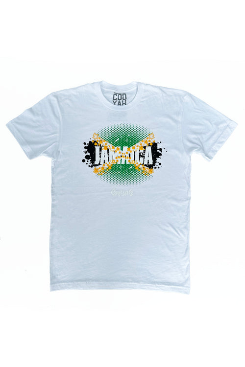 Cooyah Jamaica graphic tee in black. Jamaican flag design on a short sleeve white crewneck graphic tee.  As a Jamaican owned clothing brand since 1987, we take pride in bringing you this classic piece.