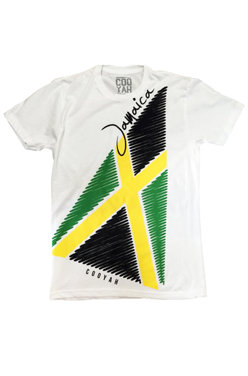 Cooyah Clothing. Men's Kingston Jamaica graphic tee. Jamaican flag pennant design on soft, rinspun cotton. IRIE