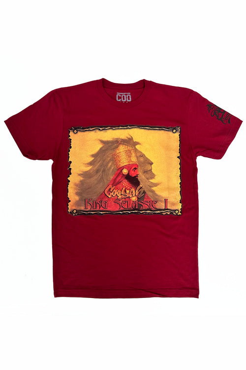 Cooyah Clothing. Men's Haile Selassie Rastafari Lion graphic tee in burgundy. Crew neck, short sleeve, soft, ringspun cotton.  As a Jamaican owned clothing brand since 1987, we take pride in bringing you this classic rasta shirt.