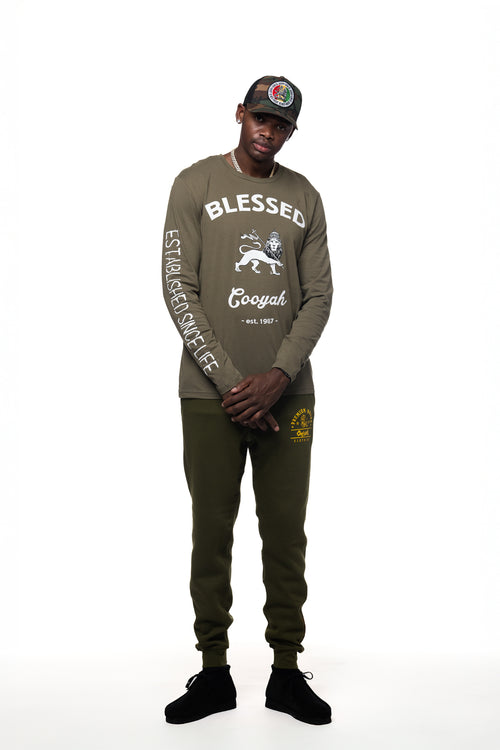 Cooyah Jamaica - Men's Blessed long sleeve t-shirt with Lion of Judah graphic in olive green.