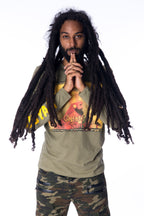 COOYAH.  Men's Haile Selassie Lion long sleeve graphic tee in army green.  Hand-printed rasta shirt.  As a Jamaican owned clothing brand since 1987, we take pride in bringing you this classic shirt.