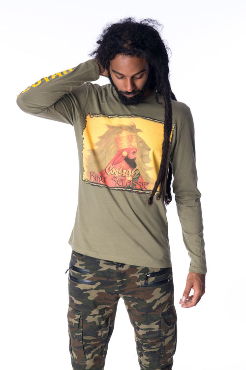 COOYAH. Men's Haile Selassie Lion long sleeve graphic tee in army green. Hand-printed vintage design.  As a Jamaican owned clothing brand since 1987, we take pride in bringing you this classic shirt.