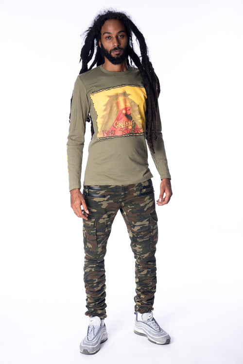 COOYAH. Men's Haile Selassie Lion long sleeve graphic tee in army green. Hand-printed vintage design.  As a Jamaican owned clothing brand since 1987, we take pride in bringing you this classic shirt.