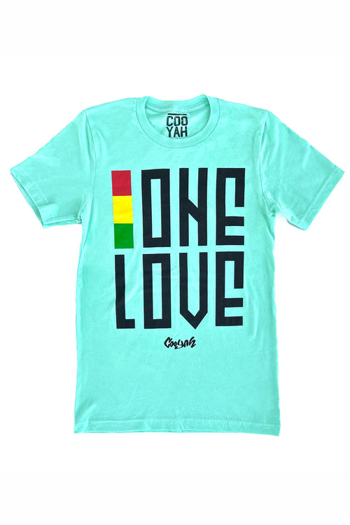 Cooyah Jamaica. One Love men's graphic tee in mint green. Crew neck, short sleeve, ringspun cotton screen printed in reggae colors. Jamaican clothing brand.