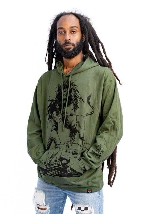 Cooyah rootswear men's rasta hoodie with Dread and Lion graphic in olive green.  As a Jamaican owned clothing brand since 1987, we take pride in bringing you this classic piece. Don't wait, get yours now!