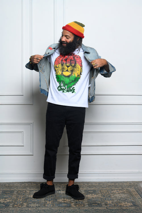 Cooyah Jamaica - Men's Big Face Rasta Lion tee screen printed in reggae colors.  White, short sleeve shirt, constructed from soft, 100%, ringspun cotton.