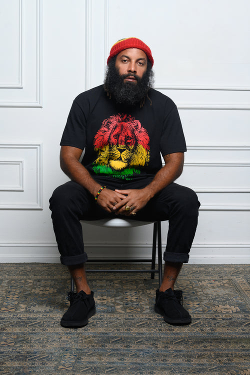 Cooyah Jamaica - Men's Big Face Rasta Lion tee screen printed in reggae colors.  Black, short sleeve shirt, constructed from soft, 100%, ringspun cotton.