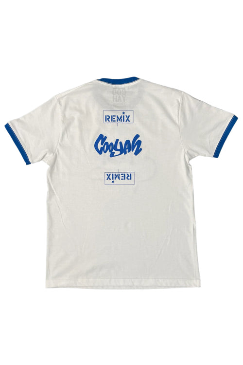 Cooyah Mens Remix Mixtape Ringer Tee.  White with Blue print.   As a Jamaican owned clothing brand since 1987, we take pride in bringing you this classic piece.