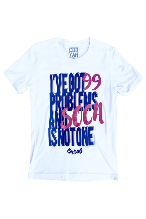 Cooyah Jamaica. I've Got 99 Problems and Soca is Not One. Men's Ringspun cotton, short sleeve graphic tee in white. Jamaican clothing brand.