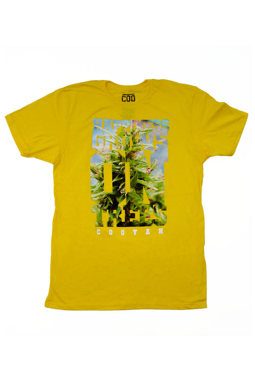 Cooyah Jamaica Happiness Grows on Trees Cannabis Tee in yellow.  Jamaican streetwear clothing