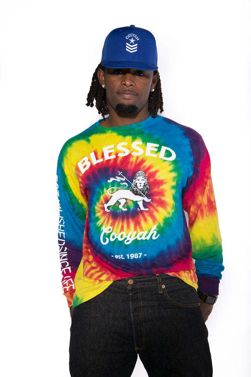 Cooyah Jamaica Blessed Lion Tie-Dye long Sleeve Tee. Jamaican streetwear style brand since 1987. IRIE