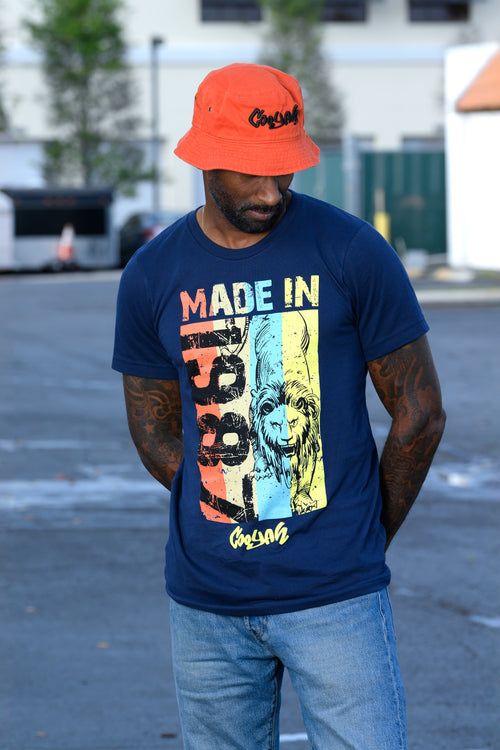 Cooyah Jamaica. Men's Lion Prowler graphic tee in navy blue. Jamaican streetwear clothing brand since 1987. IRIE