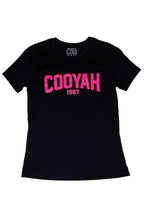 Cooyah.  Womens black graphic tee with hot pink neon print.