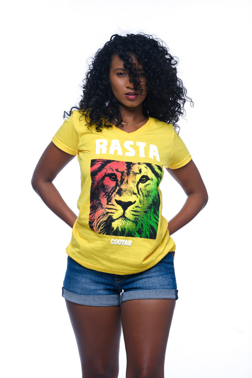 Rasta Lion graphic tee by Cooyah. Women's yellow v-neck with vibrant regae colors design. As a Jamaican owned clothing brand since 1987, we take pride in bringing you this classic piece. Don't wait, get yours now!