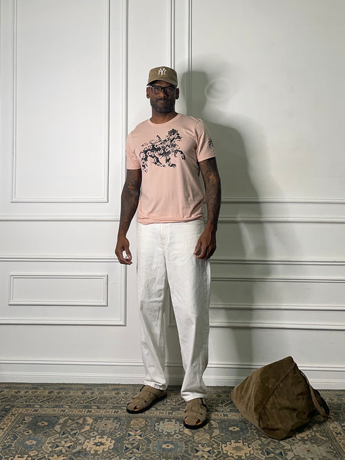Cooyah Jamaica.  Men's Rasta Lion graphic tee in peach.  Jamaican streetwear clothing since 1987.