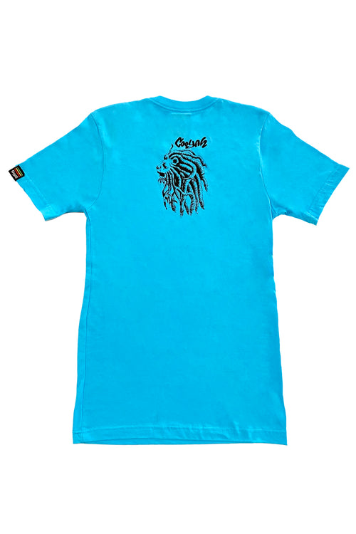 Cooyah Jamaica - Men's blue rasta lion warrior graphic tee.  Screen printed on soft- 100% ringspun cotton with vintage quality.  As a Jamaican owned clothing brand since 1987, we take pride in bringing you this classic piece. Don't wait, get yours now!
