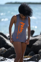Cooyah Jamaica.  Women's gray tank top with electric guitar reggae graphic.  As a Jamaican owned clothing brand since 1987, we take pride in bringing you this classic piece.