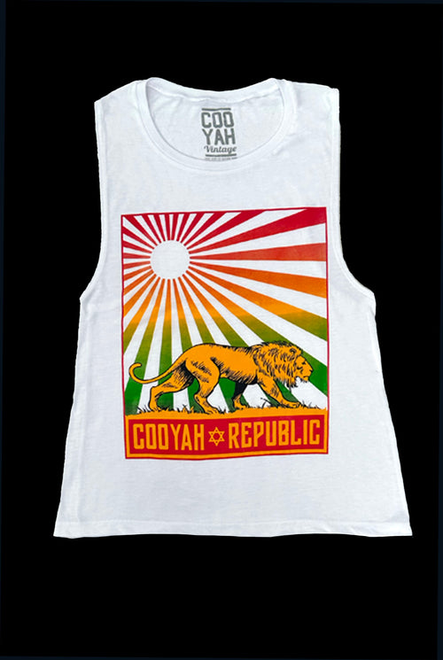 Cooyah, Reggae Republic women's tank top featuring a rasta lion in the sun. Screen printed on soft, breathable 100% ringspun cotton. IRIE