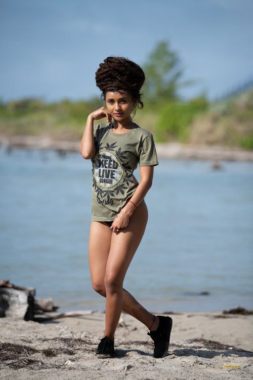 Cooyah Jamaica. Women's cannabis tee. Smoke weed live longer. Rasta empress. Jamaican clothing brand.