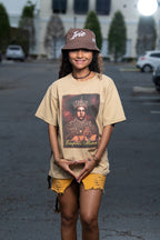 Cooyah Jamaica. Empress Menen short sleeve graphic tee on a brown shirt. Rasta Rootswear clothing. Rastafari