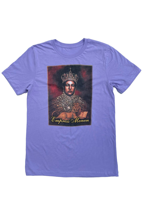 Cooyah Jamaica. Empress Menen short sleeve graphic tee on a purple shirt. Rasta Rootswear clothing. Rastafari