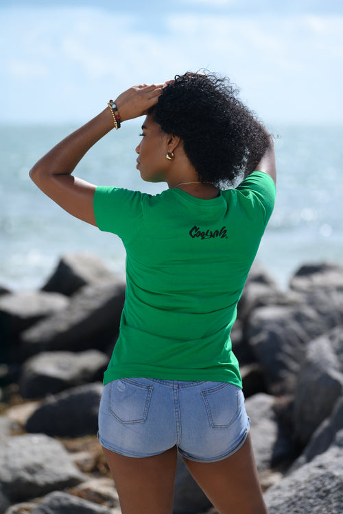 Cooyah - Women's Jamaica Land We Love graphic tees in green.  Screen printed on soft, 100% ringspun cotton.  We are a Jamaican owned clothing brand established in 1987.